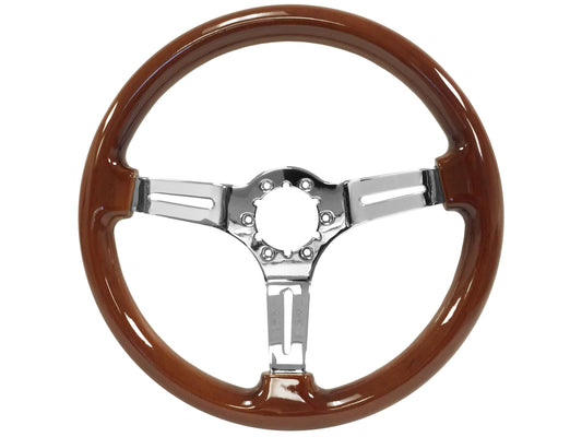 14" Mahogany Wood Steering Wheel, 6-Bolt Chrome Spokes