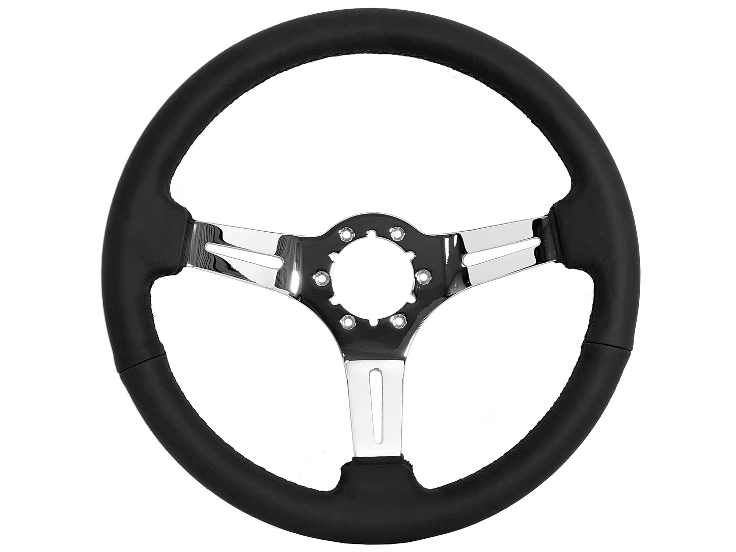 14" Black Leather Steering Wheel, 6-Bolt Chrome Spokes