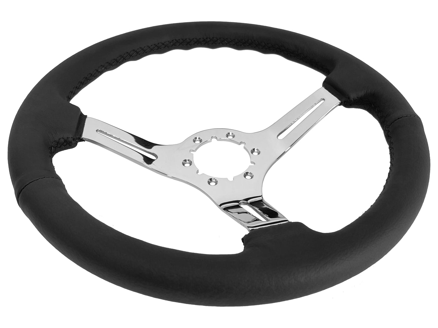 14" Black Leather Steering Wheel, 6-Bolt Chrome Spokes