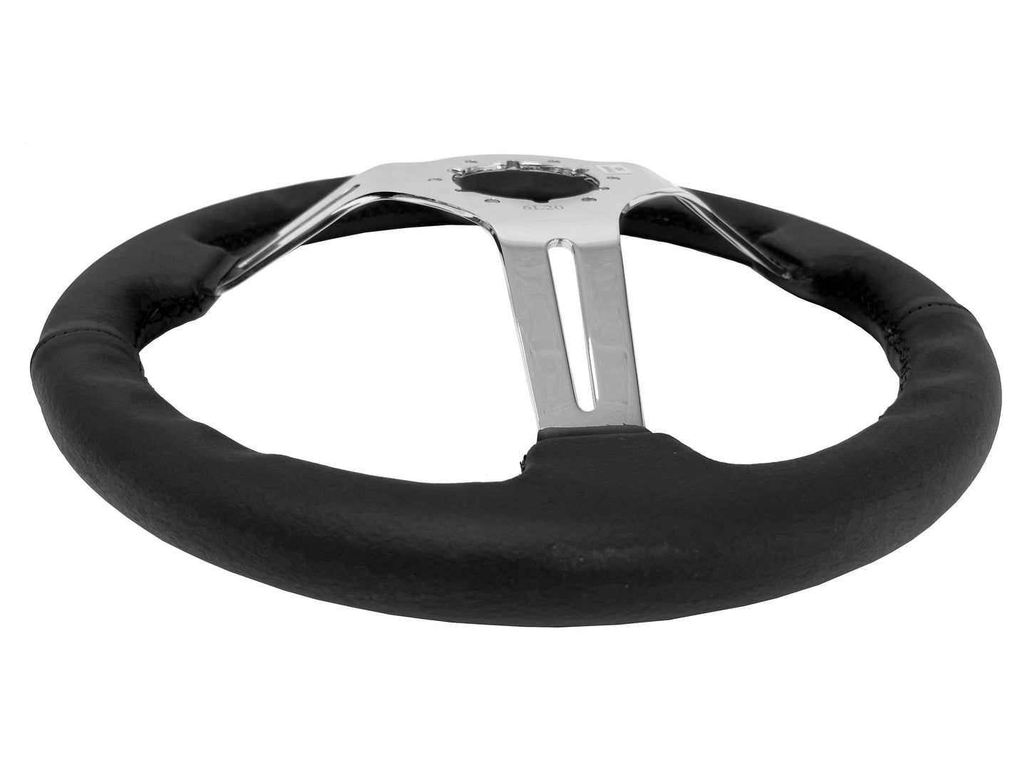 14" Black Leather Steering Wheel, 6-Bolt Chrome Spokes