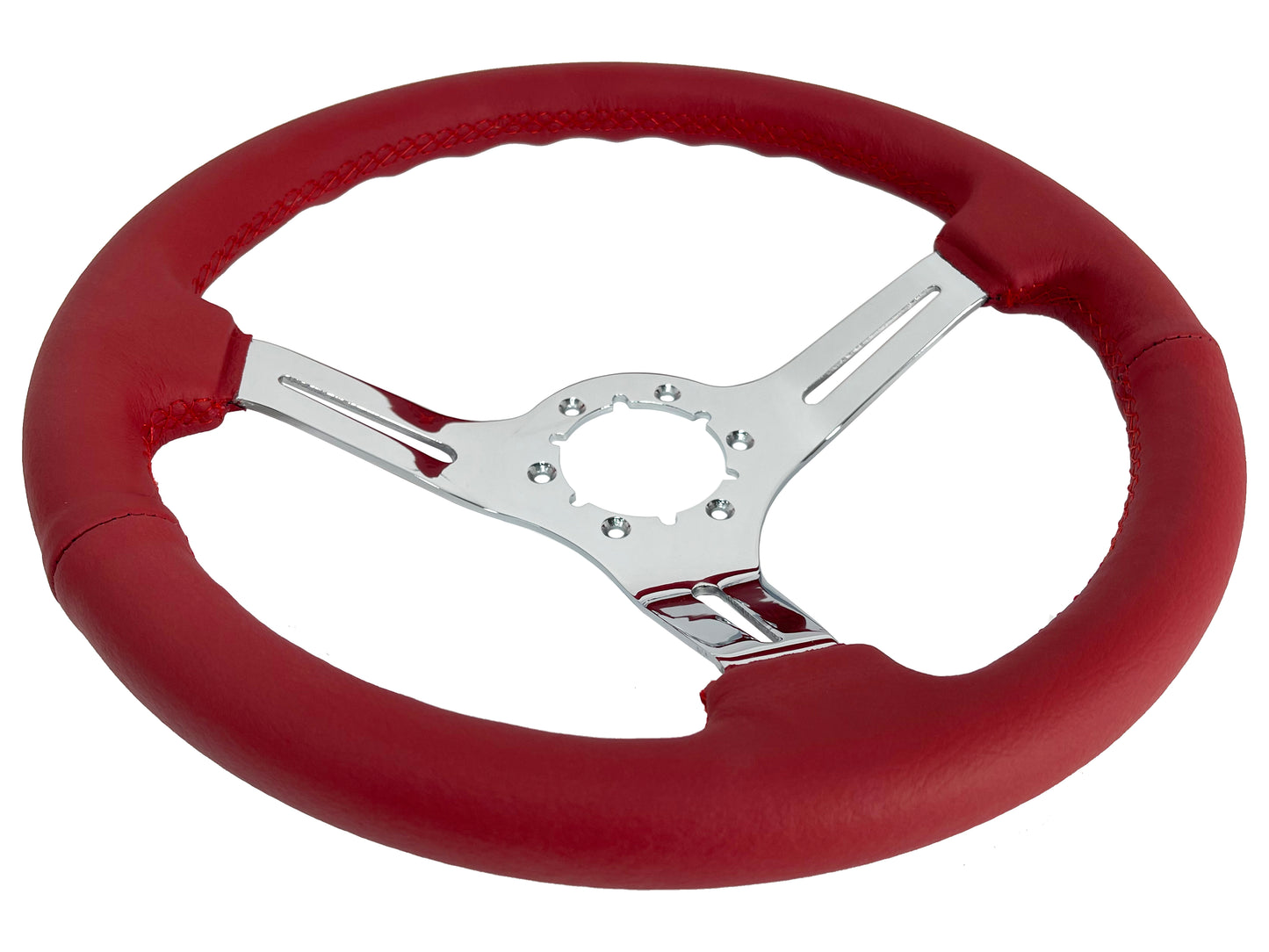 14" Red Leather Steering Wheel, 6-Bolt Chrome Spokes