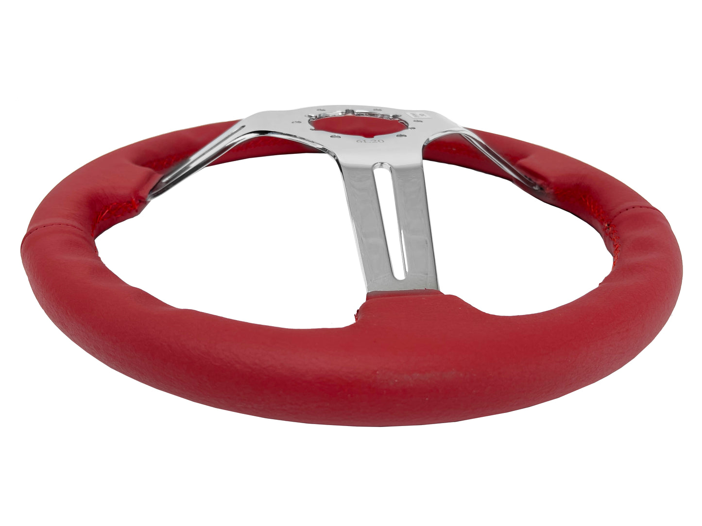 14" Red Leather Steering Wheel, 6-Bolt Chrome Spokes