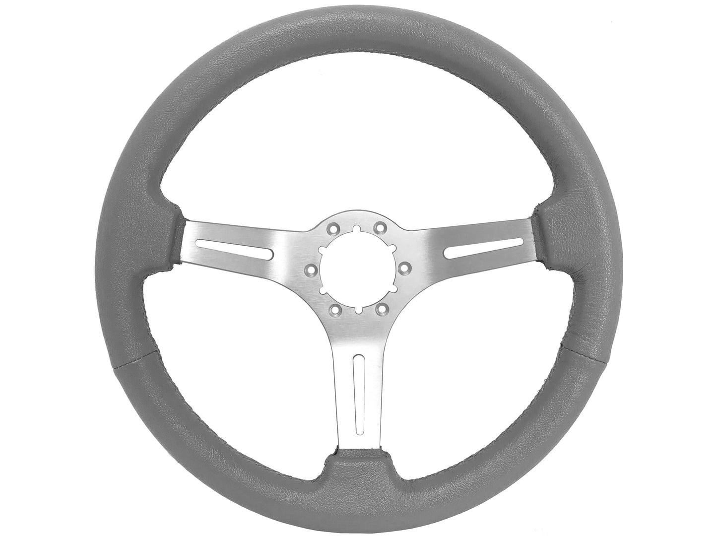 14" Gray Leather Steering Wheel, 6-Bolt Brushed Aluminum Spokes