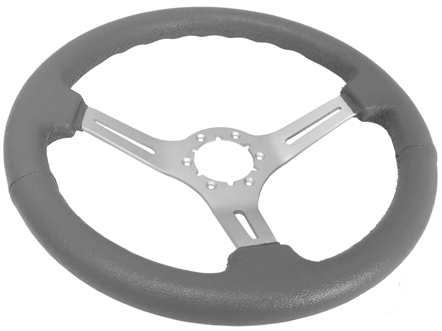 14" Gray Leather Steering Wheel, 6-Bolt Brushed Aluminum Spokes