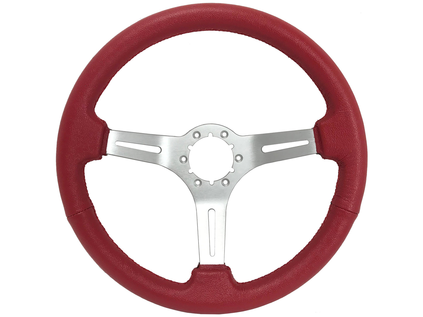 14" Red Leather Steering Wheel, 6-Bolt Brushed Aluminum Spokes