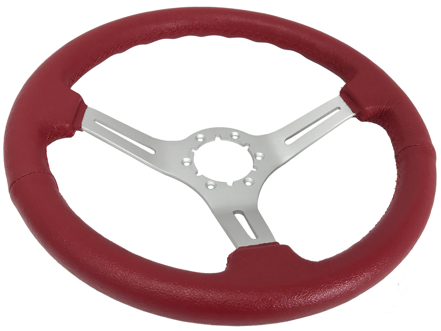 14" Red Leather Steering Wheel, 6-Bolt Brushed Aluminum Spokes