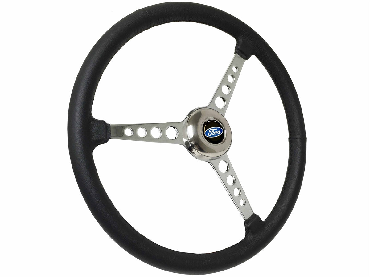 15" Leather 3-Bolt Sprint Steering Wheel Ford Kit, 3-Spoke with Holes