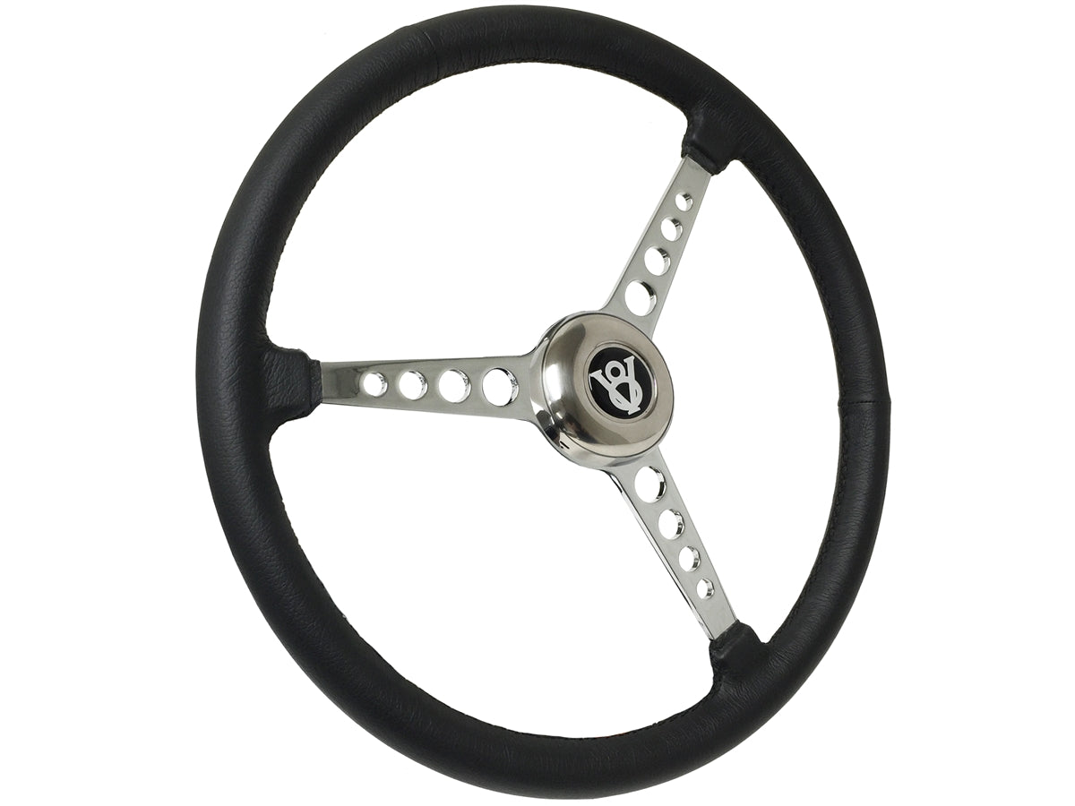 15" Leather 3-Bolt Sprint Steering Wheel Hot Rod V8 Kit, 3-Spoke with Holes