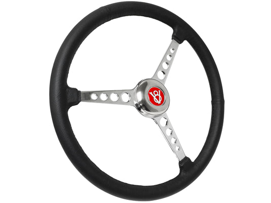 15" Leather 3-Bolt Sprint Steering Wheel Red Hot Rod V8 Kit, 3-Spoke with Holes