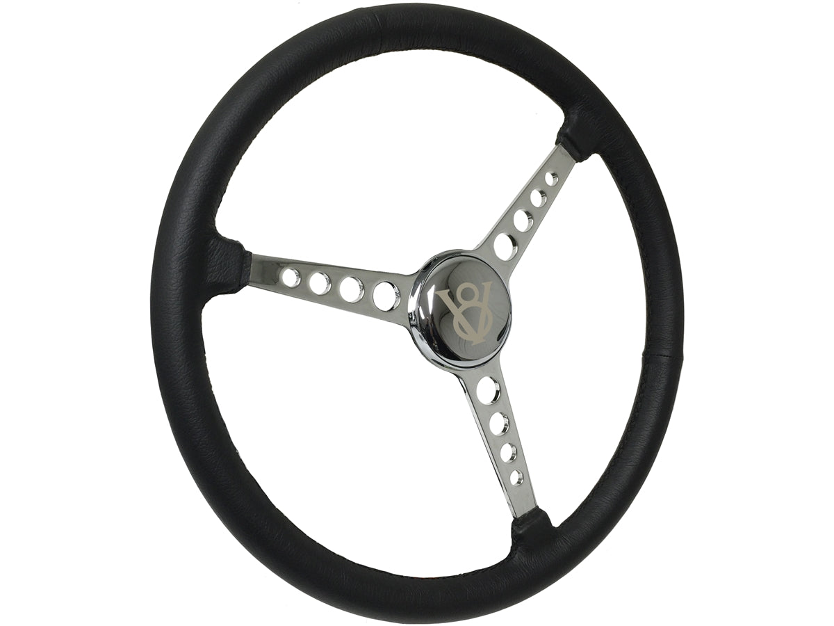 15" Leather 3-Bolt Sprint Steering Wheel Etched V8 Kit, 3-Spoke Holes