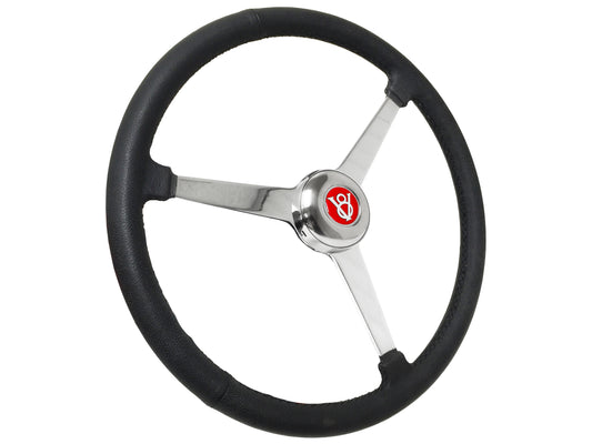 15" Leather 3-Bolt Sprint Steering Wheel Red Hot Rod V8 Kit, Solid 3-Spoke