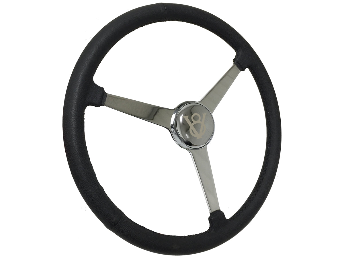 15" Leather 3-Bolt Sprint Steering Wheel Etched V8 Kit, Solid 3-Spoke