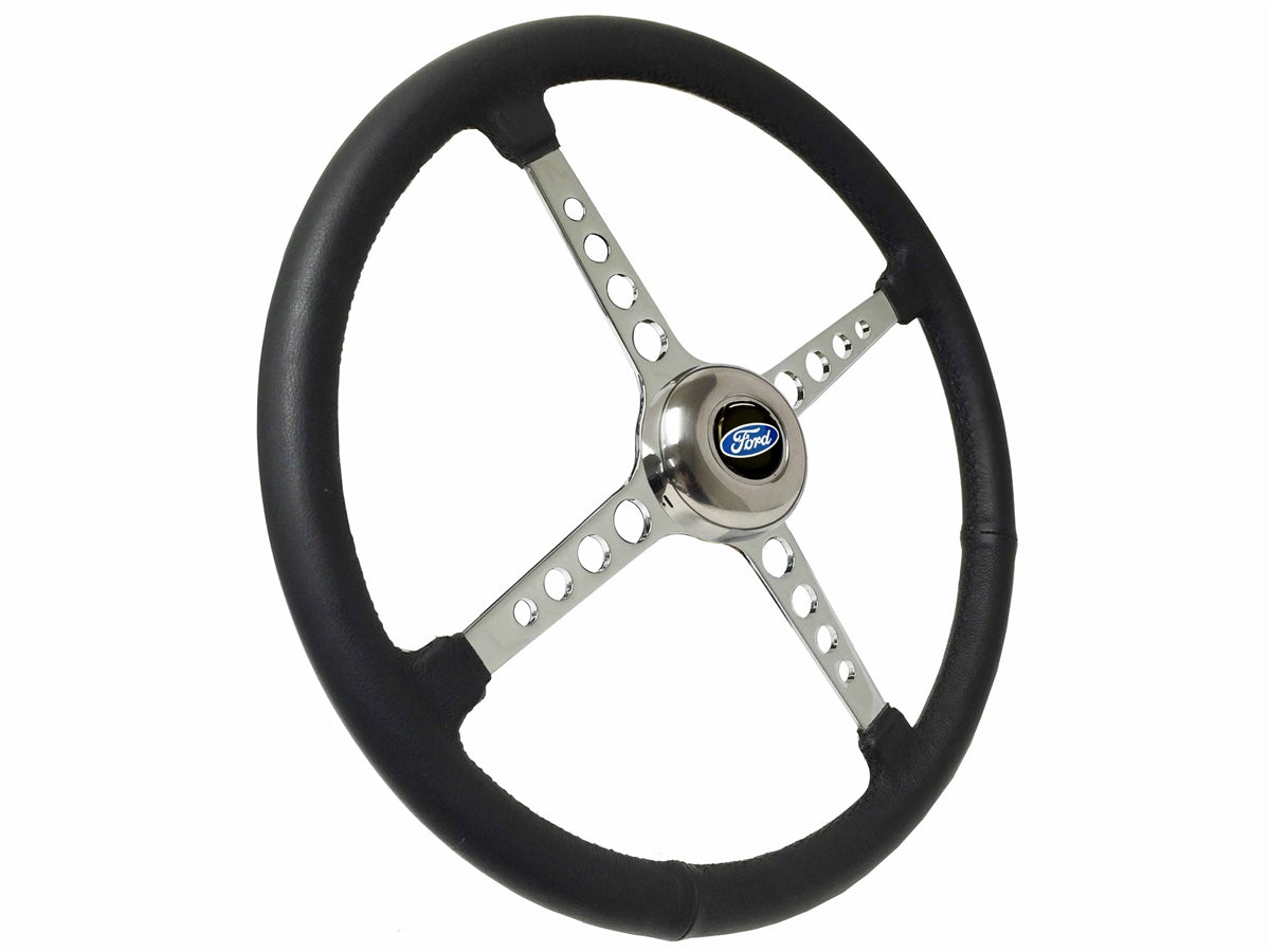 15" Leather 3-Bolt Sprint Steering Wheel Ford Kit, 4-Spoke with Holes