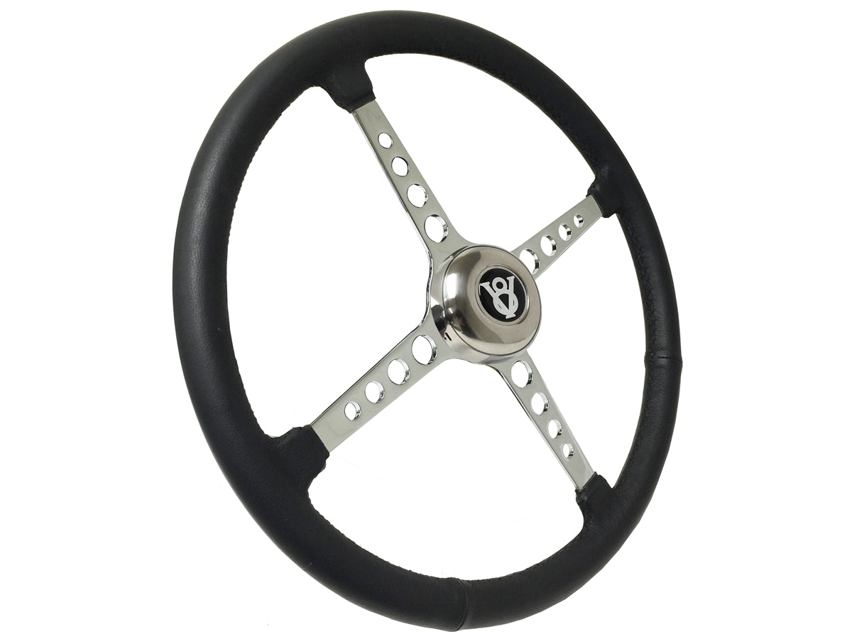 15" Leather 3-Bolt Sprint Steering Wheel Hot Rod V8 Kit, 4-Spoke with Holes