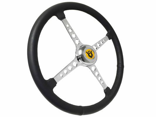 15" Leather 3-Bolt Sprint Steering Wheel Yellow Hot Rod V8 Kit, 4-Spoke with Holes