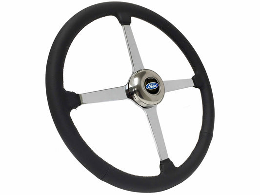 15" Leather 3-Bolt Sprint Steering Wheel Ford Kit, Solid 4-Spoke