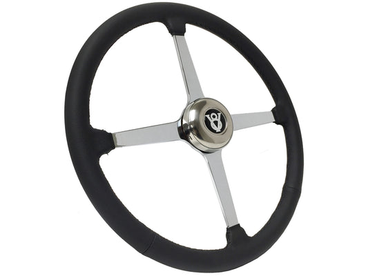 15" Leather 3-Bolt Sprint Steering Wheel Hot Rod V8 Kit, Solid 4-Spoke