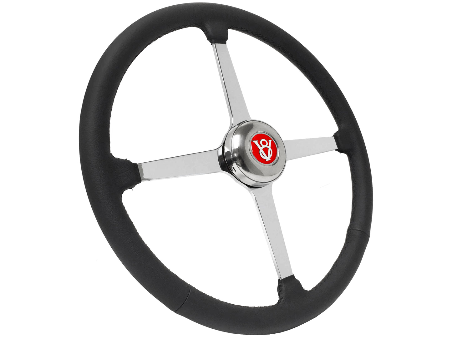 15" Leather 3-Bolt Sprint Steering Wheel Red Hot Rod V8 Kit, Solid 4-Spoke