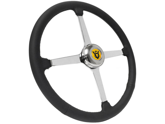 15" Leather 3-Bolt Sprint Steering Wheel Yellow Hot Rod V8 Kit, Solid 4-Spoke