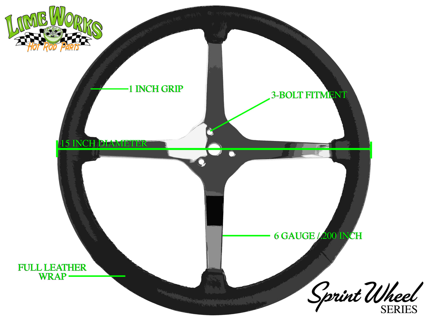 15" Leather 3-Bolt Sprint Steering Wheel LimeWorks Kit, 4-Spoke with Holes