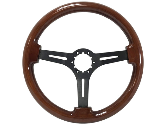 14" Mahogany Wood Steering Wheel, 6-Bolt Black Aluminum Spokes