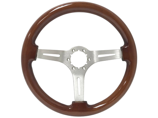 14" Mahogany Wood Steering Wheel, 6-Bolt Brushed Aluminum Spokes