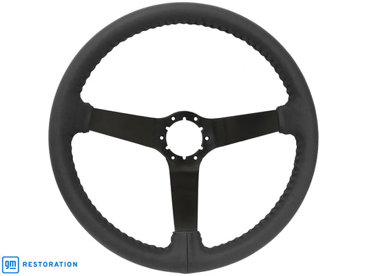 14" Black Leather Steering Wheel, 6-Bolt Solid Powder Coated Spokes