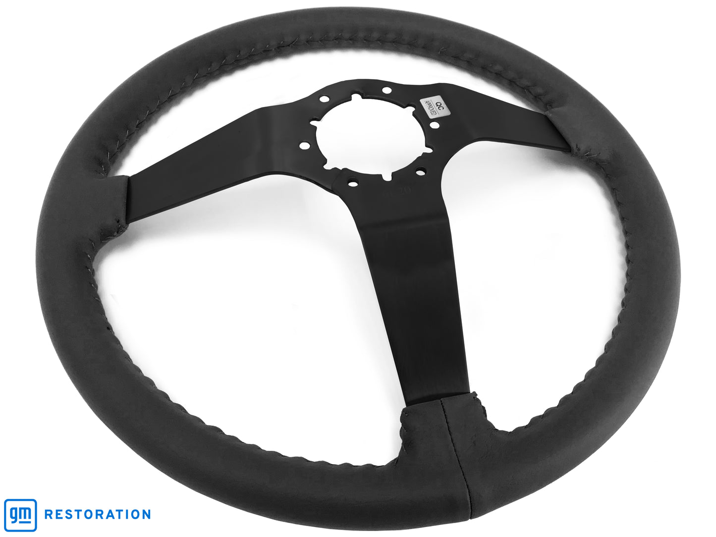 14" Black Leather Steering Wheel, 6-Bolt Solid Powder Coated Spokes