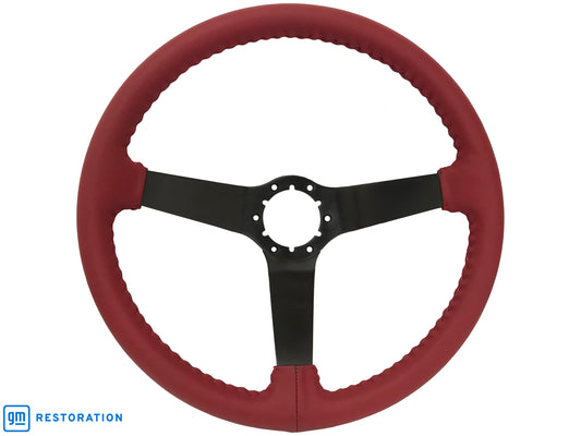 14" Red Leather Steering Wheel, 6-Bolt Solid Powder Coated Spokes