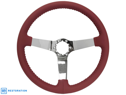 14" Red Leather Steering Wheel, 6-Bolt Solid Chrome Spokes