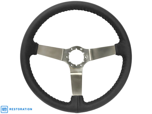 14" Black Leather Steering Wheel, 6-Bolt Solid Stainless Steel Spokes