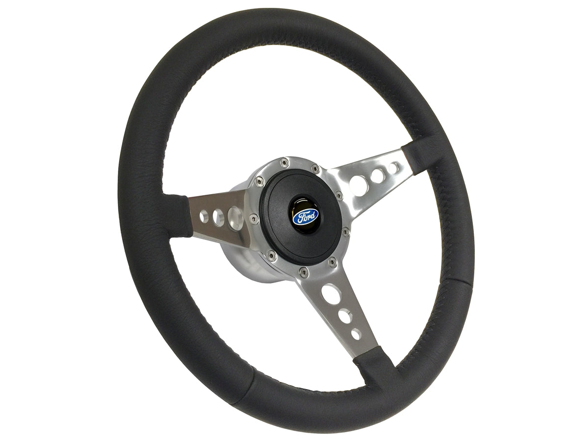 14" Leather 9-Bolt Steering Wheel Ford Script Kit, 3-Spoke Holes