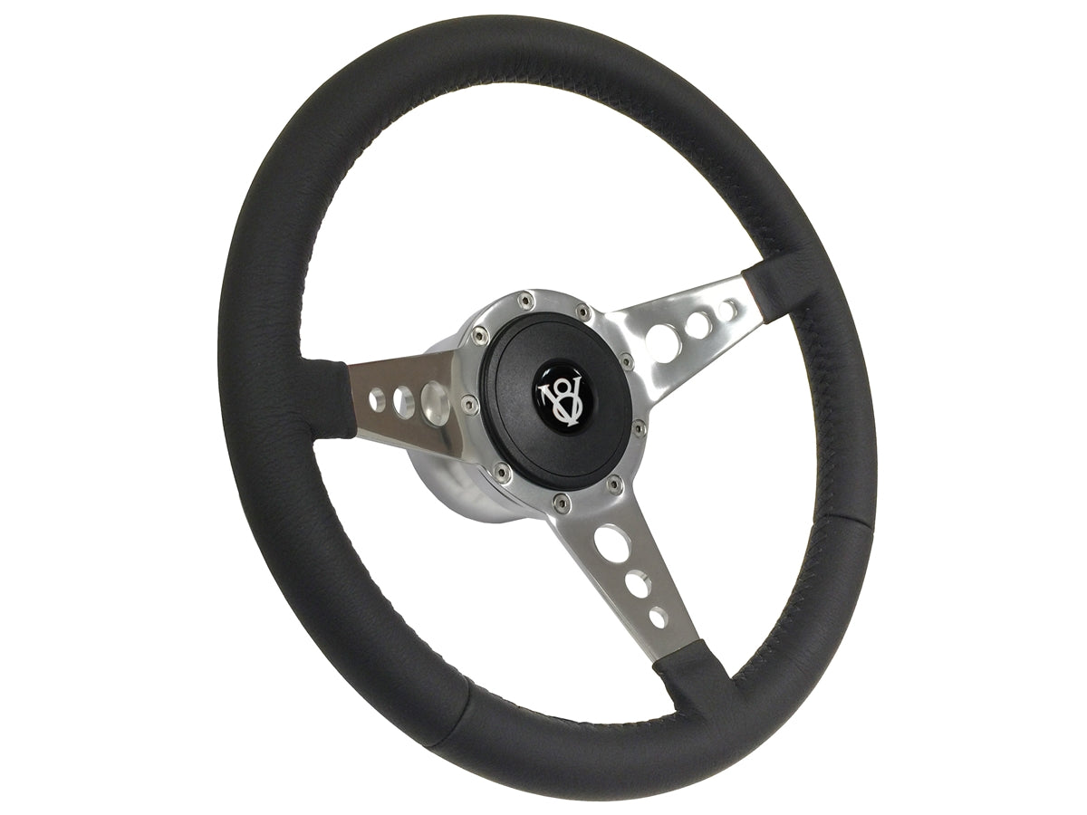 14" Leather 9-Bolt Steering Wheel Hot Rod V8 Kit, 3-Spoke Holes