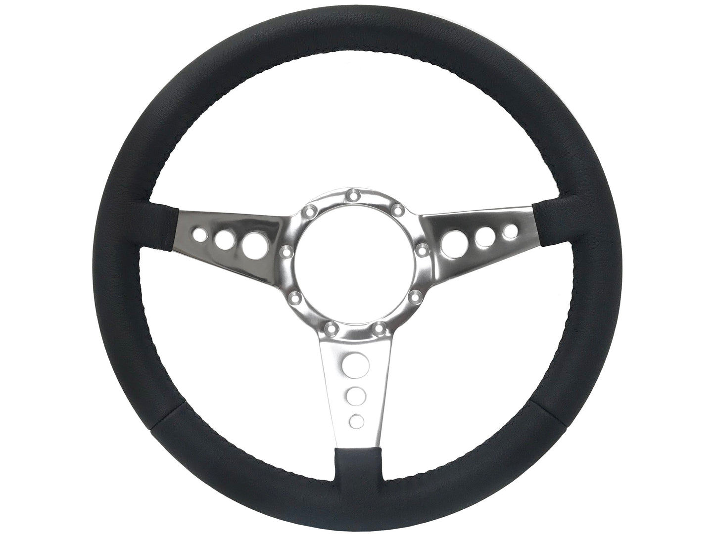 14" Leather 9-Bolt Steering Wheel Hot Rod V8 Kit, 3-Spoke Holes