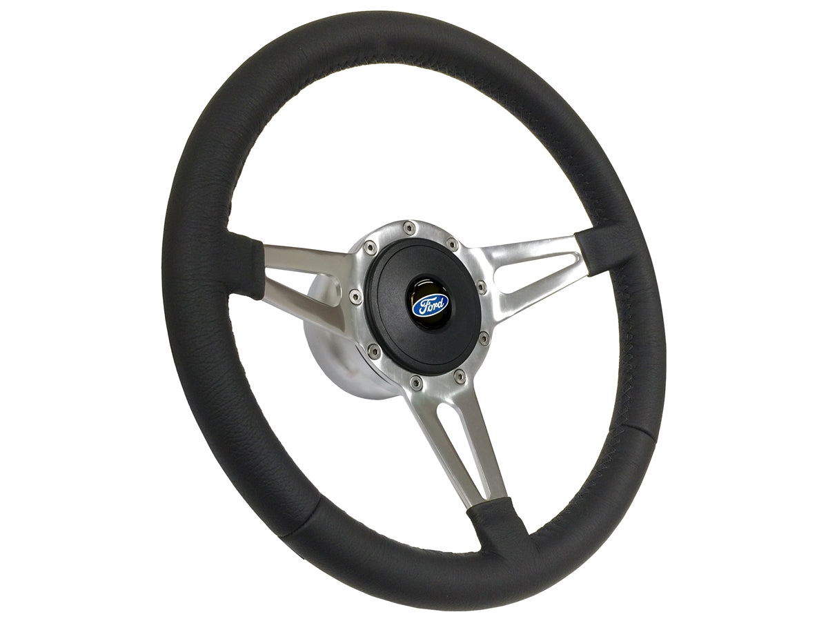 14" Leather 9-Bolt Steering Wheel Ford Script Kit, Slotted 3-Spoke