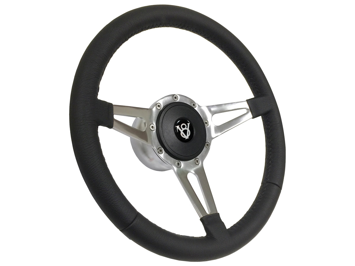 14" Leather 9-Bolt Steering Wheel Hot Rod Kit, Slotted 3-Spoke