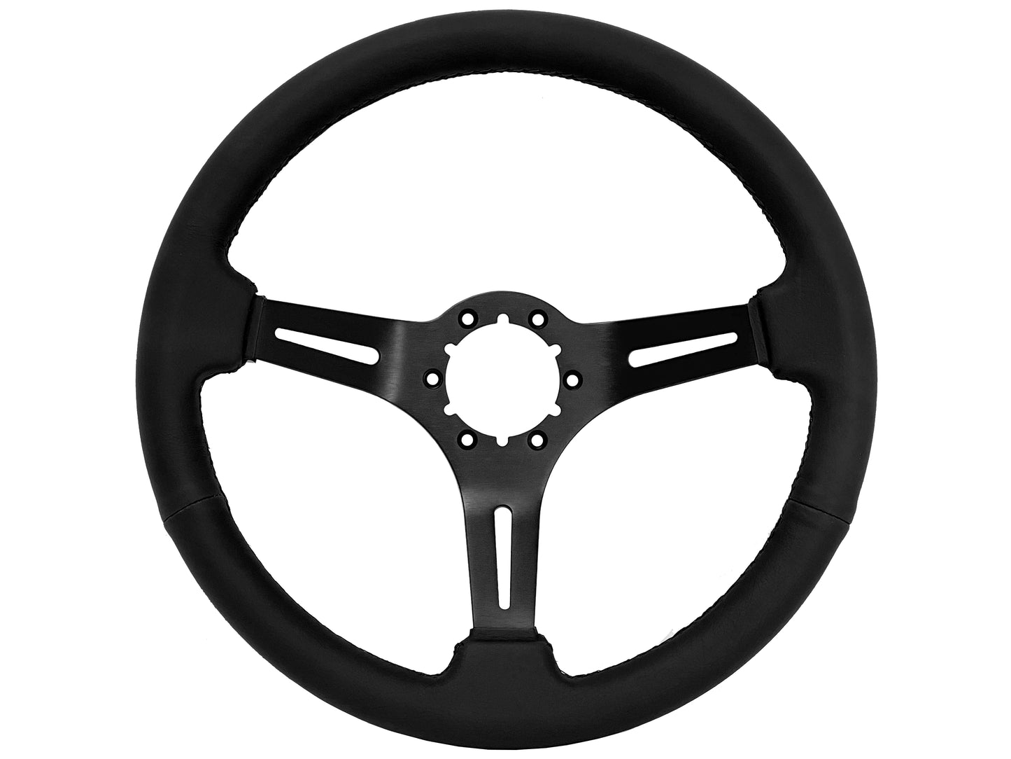 14" Black Leather Steering Wheel, 6-Bolt Black Aluminum Spokes