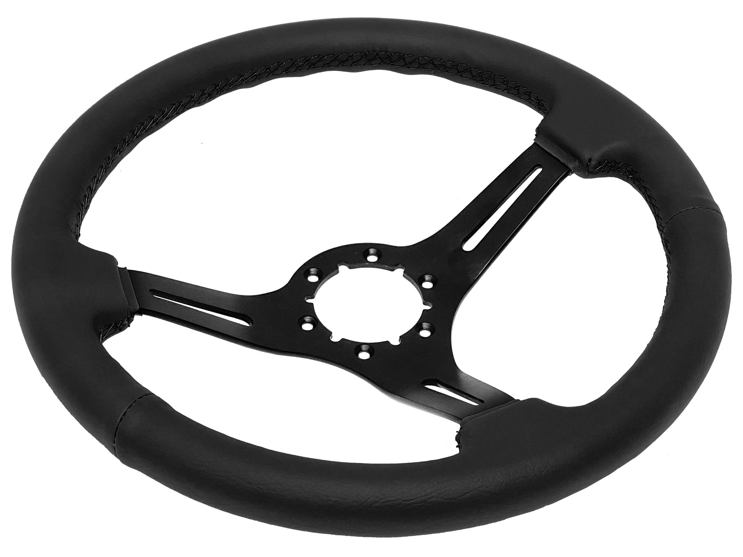 14" Black Leather Steering Wheel, 6-Bolt Black Aluminum Spokes