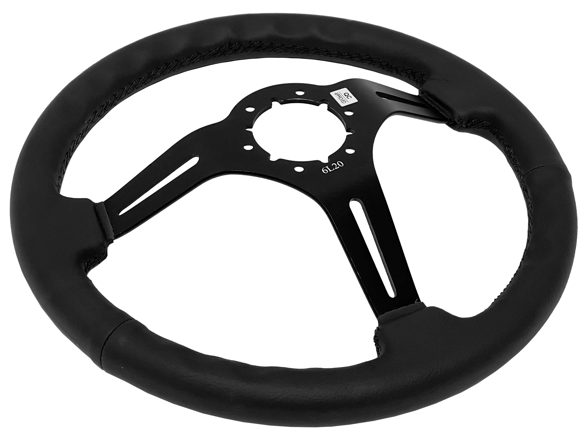 14" Black Leather Steering Wheel, 6-Bolt Black Aluminum Spokes