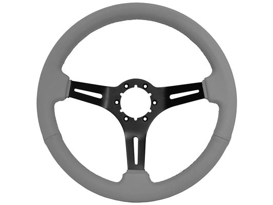 14" Gray Leather Steering Wheel, 6-Bolt Black Aluminum Spokes