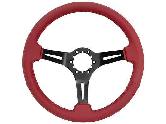 14" Red Leather Steering Wheel, 6-Bolt Black Aluminum Spokes