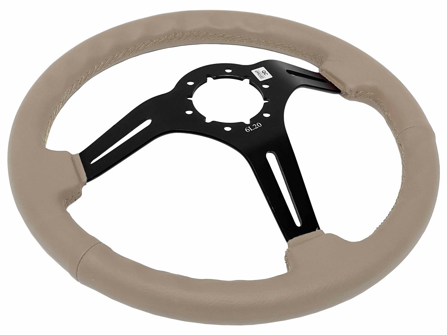 14" Tan Leather Steering Wheel, 6-Bolt Black Aluminum Spokes