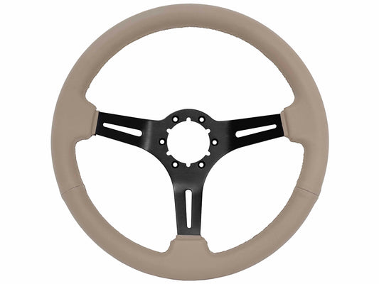 14" Tan Leather Steering Wheel, 6-Bolt Black Aluminum Spokes