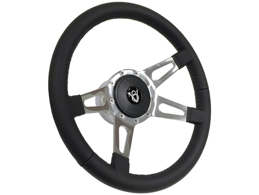 14" Leather 9-Bolt Steering Wheel Hot Rod V8 Kit, Slotted 4-Spoke