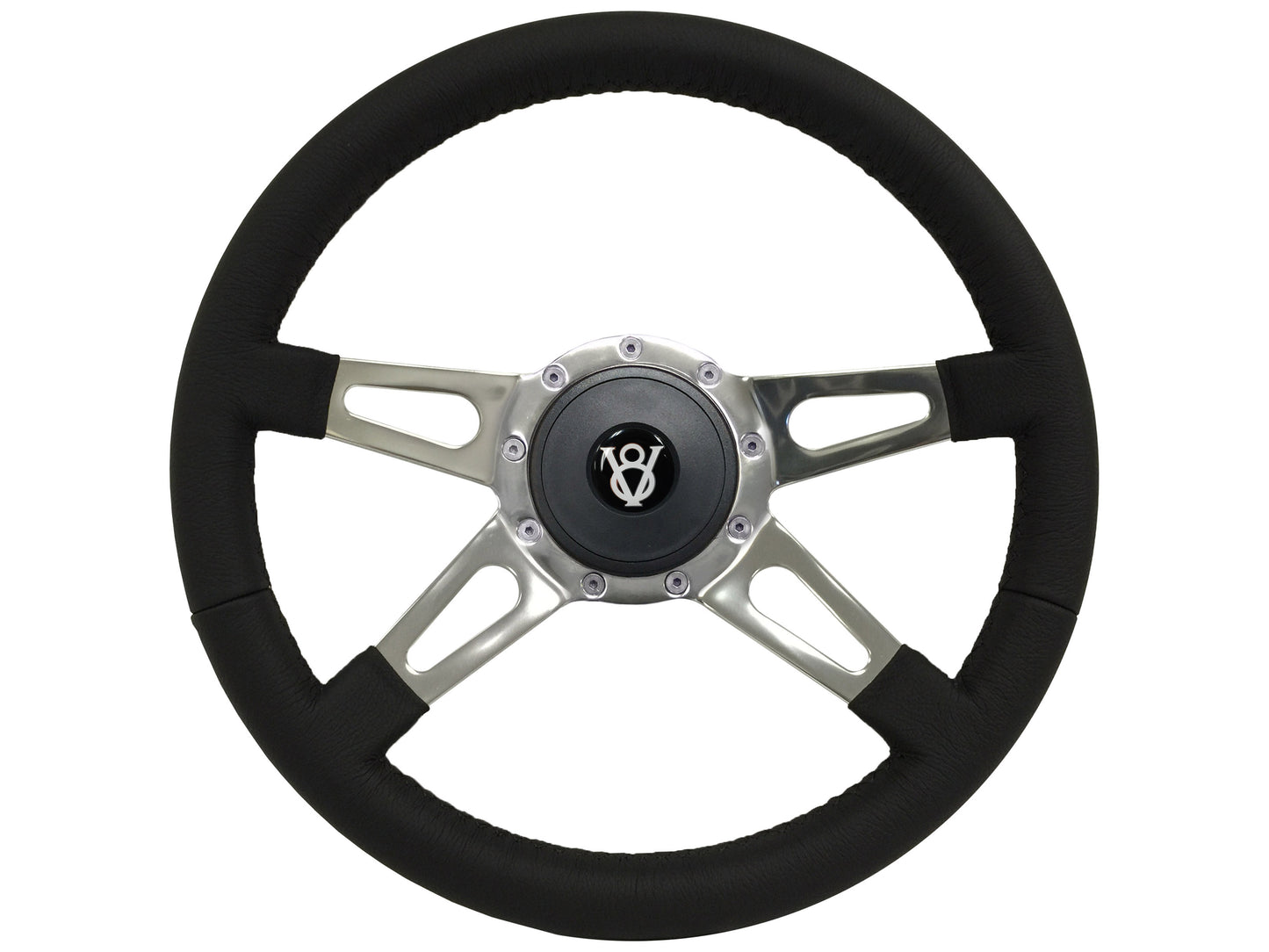 14" Leather 9-Bolt Steering Wheel Hot Rod V8 Kit, Slotted 4-Spoke