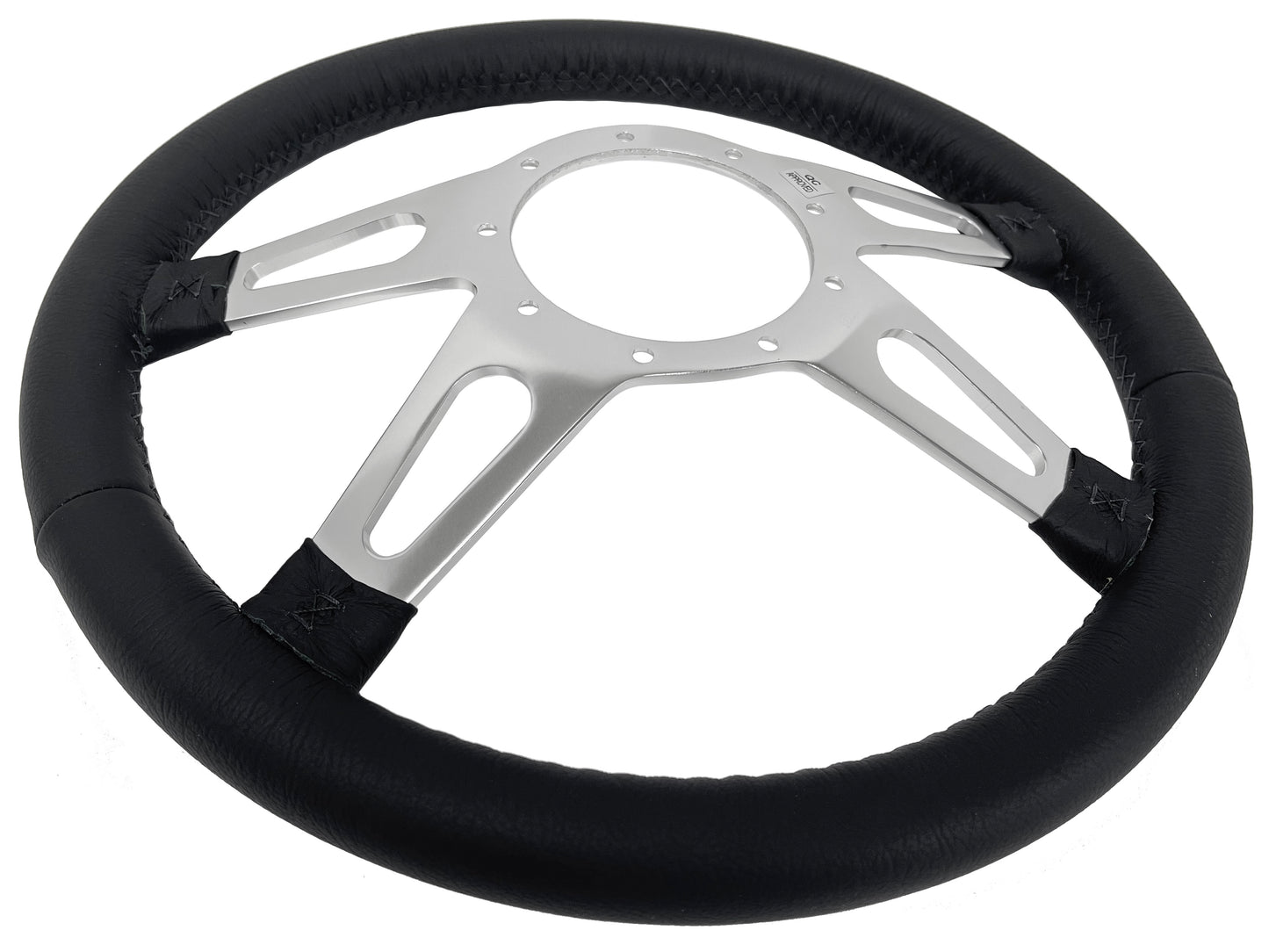 14" Leather 9-Bolt Steering Wheel Hot Rod V8 Kit, Slotted 4-Spoke