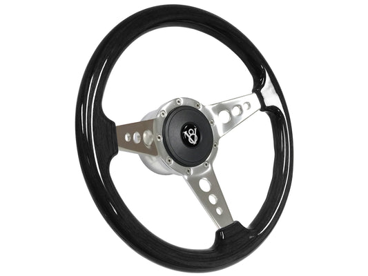 14" Black Ash Wood 9-Bolt Steering Wheel Hot Rod V8 Kit, 3-Spoke Holes