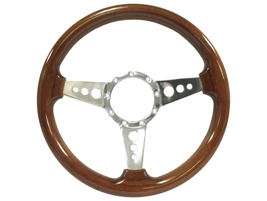 14" Walnut Finish Wood Steering Wheel, 3-Spoke with Holes