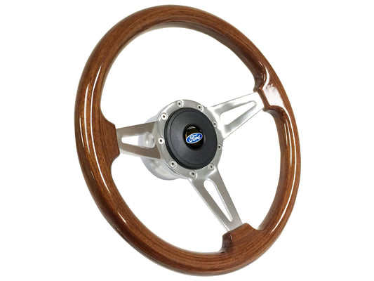 14" Walnut Wood 9-Bolt Steering Wheel Ford Script Kit, Slotted 3-Spoke