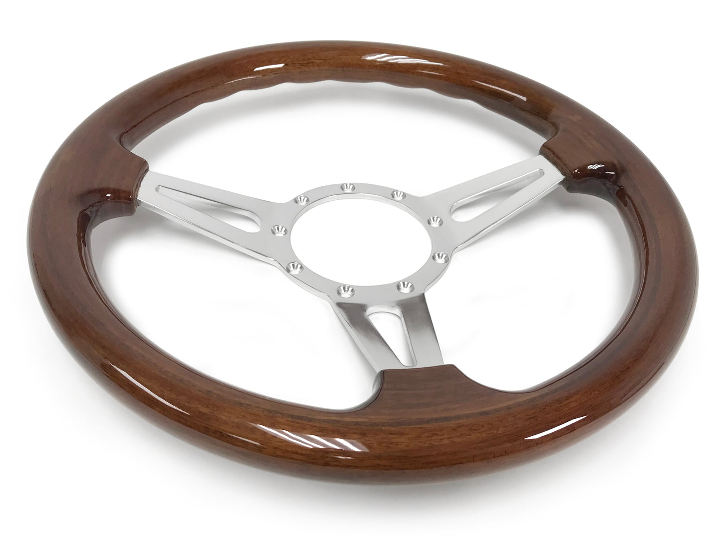 14" Walnut Wood 9-Bolt Steering Wheel Ford Script Kit, Slotted 3-Spoke